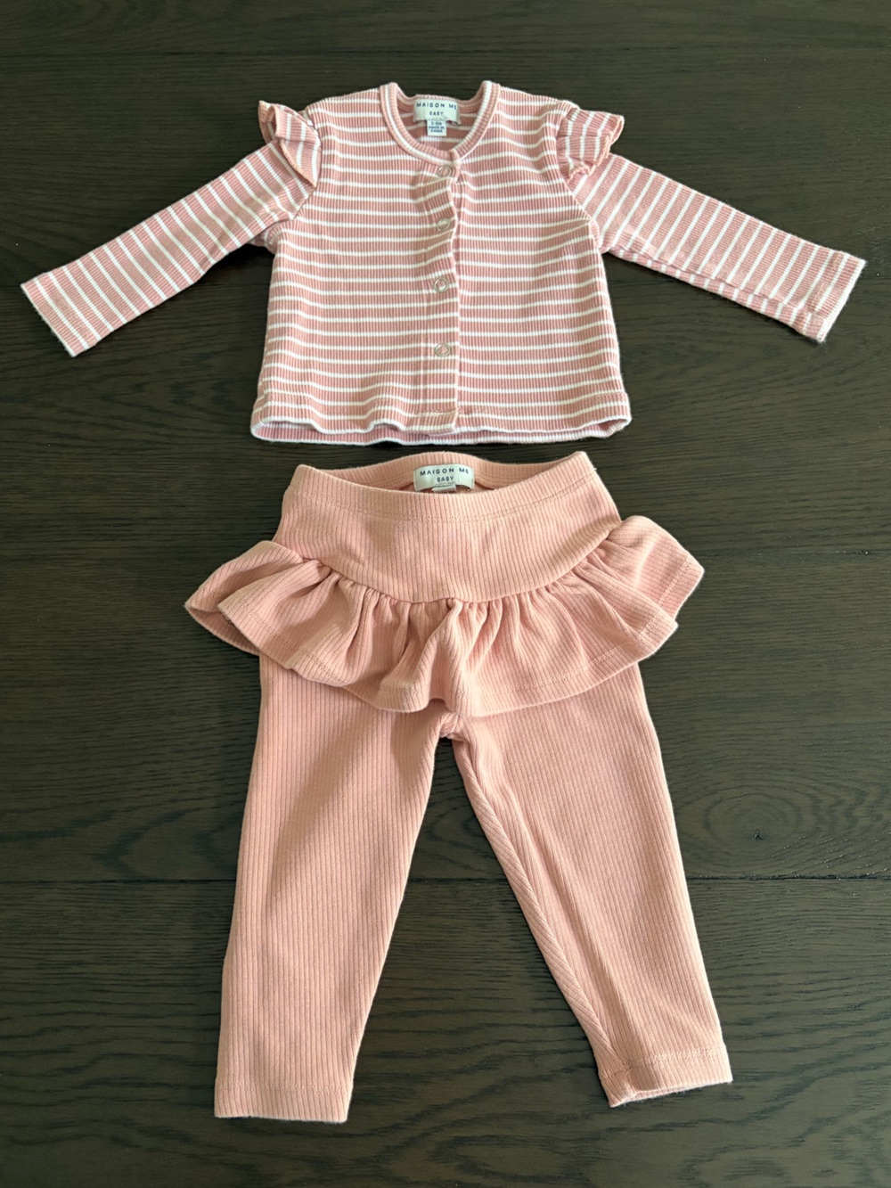 Maison Me Pink Ruffle Baby Leggings and Striped Top Set (3-6M)